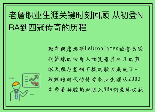 老詹职业生涯关键时刻回顾 从初登NBA到四冠传奇的历程