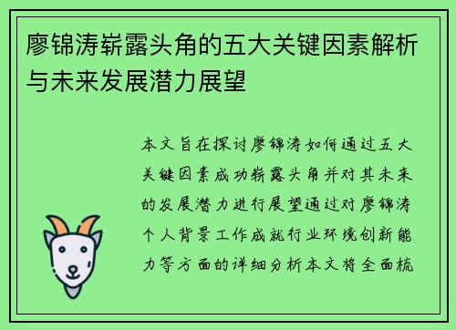 廖锦涛崭露头角的五大关键因素解析与未来发展潜力展望